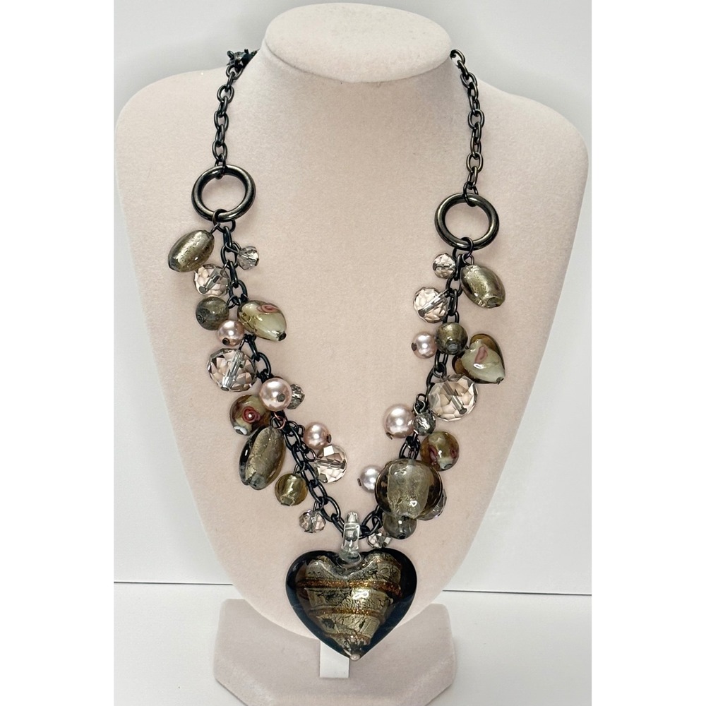 Y2K Glass Puffy Heart Charm Necklace Chunky Foil Beads Gunmetal Gold Olive 20"